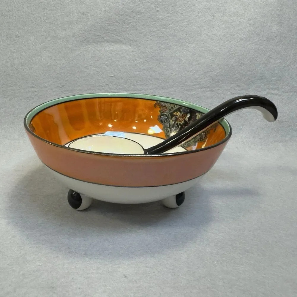 Vintage 1920s Noritake Art Deco Lusterware Mayonnaise Bowl Ladle Set